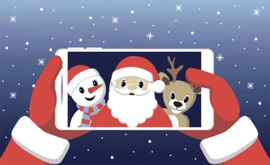 Noel Baba, Kardan Adam ve Geyik beyaz akıllı telefondan selfie çekmişler. Noel vektör illüstrasyonu.