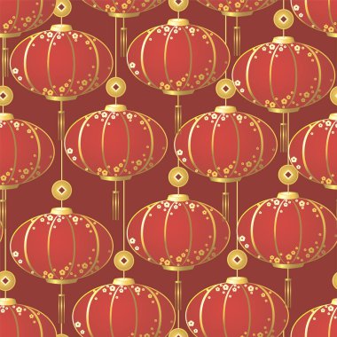 Kırmızı zemin üzerinde Çin kırmızı fenerleri dikişsiz desen
