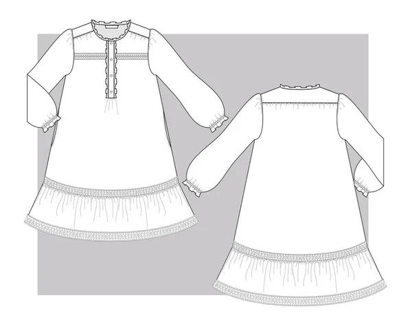 Vestido Verano Textil Con Paneles Calados Mangas Hinchadas Largas Volantes — Vector de stock