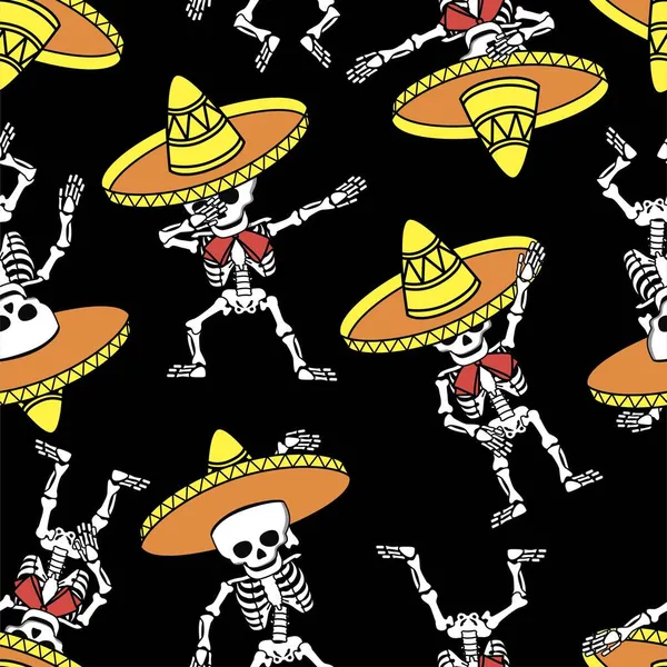 Sombreroの面白い漫画の骨格は Dabの動きを作る ヒップホップスタイルを踊る シームレスなパターン ベクターイラスト — ストックベクタ