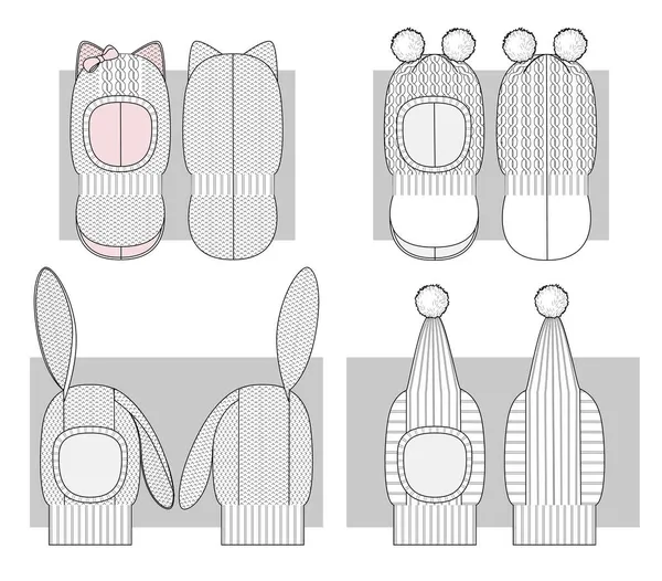 冬の子供たちは ポムポムと猫とウサギの耳を持つ技術的なスケッチのバラクラバ帽子セット ベクターイラスト — ストックベクタ