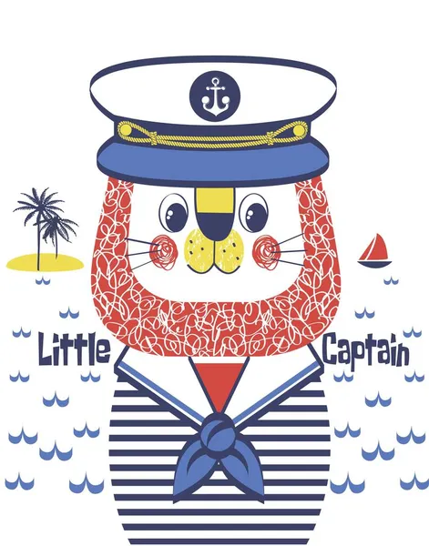 Mały Kreskówkowy Kapitan Lwa Wektor Ilustracji Dla Dzieci Shirt — Wektor stockowy