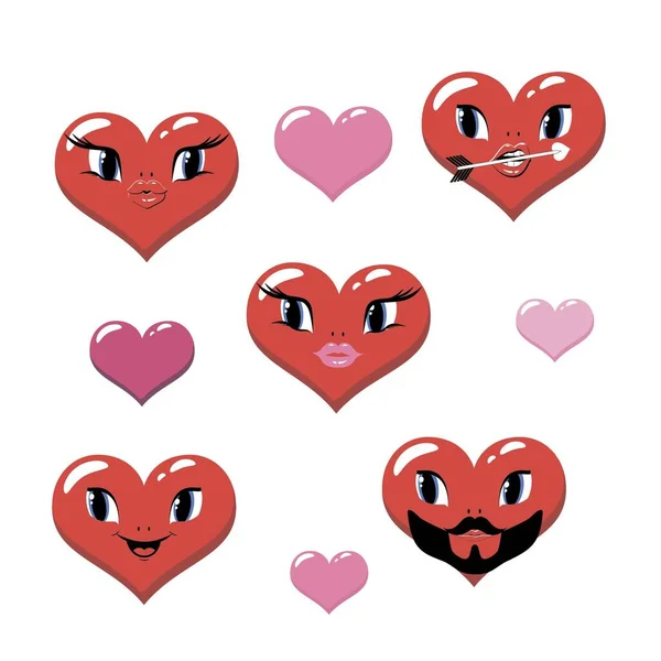 Conjunto Corações Vermelhos Bonitos Com Rostos Dia Dos Namorados Ilustração —  Vetores de Stock