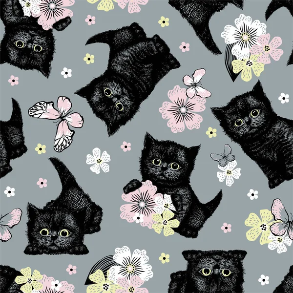 花と蝶のシームレスなパターンを持つ黒子猫 — ストックベクタ