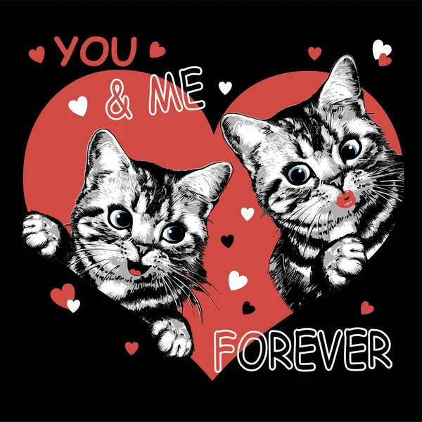 Zwei Süße Kätzchen Rotem Herzen Druck Für Shirt Valentinstag Vektor — Stockvektor