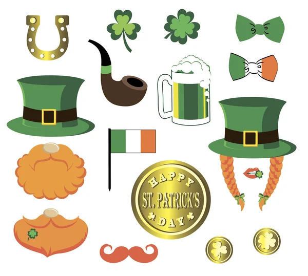 Kırmızı sakallı ve bıyıklı yoncalar, kırmızı at kuyruğu, cüce şapka, at nalı, yarım litre bira, tüttürme piposu, papyon, İrlanda bayrağı ve uğurlu yonca içeren Aziz Patrick Günü tasarımları..