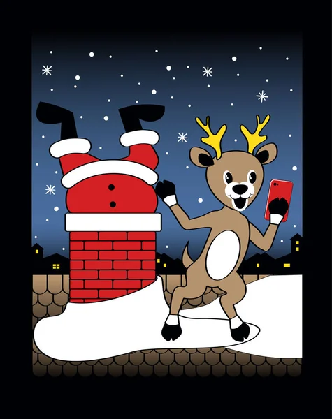 Kerstman Zit Vast Schoorsteen Rendieren Doen Selfie Grappige Kerst Illustratie — Stockvector
