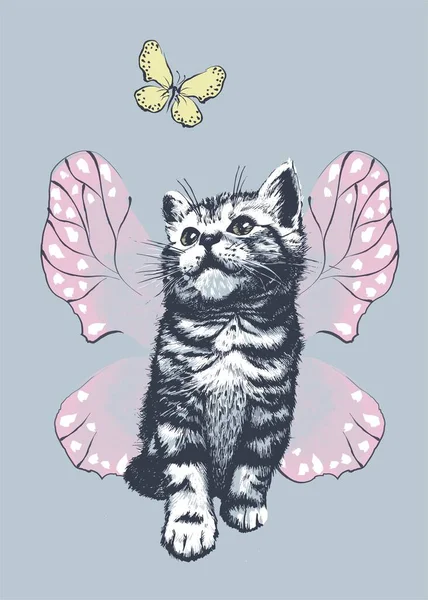 Chaton Chat Lever Les Yeux Sur Papillon Illustration Vectorielle Dessinée — Image vectorielle