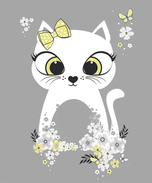 Chaton Blanc Mignon Avec Des Fleurs Papillon Shirt Imprimé Été — Image vectorielle