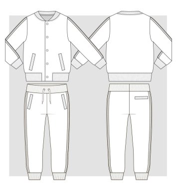 Çıtçıtçıtlı bombacı ceketi ve yan çizgili spor pantolonu teknik çizim.
