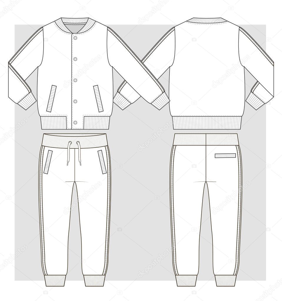 Bomber Jacket on snaps and sport trousers with side stripes technical sketch