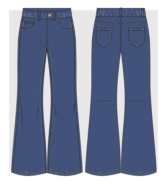 Flared Indigo Jeans Frayed Texture Technical Sketch Vector Illustration — 图库矢量图片