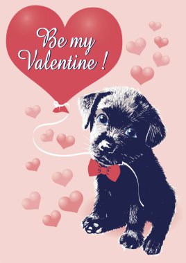 Cute black Labrador puppy with red heart. Slogan be my valentine. Vector illustration.