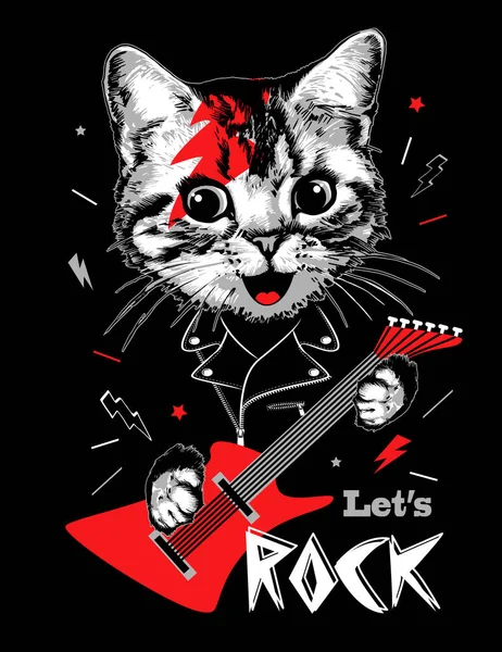 Cat Kitten Portrait Guitar Slogan Let Rock Vector Illustration — Vector de stock