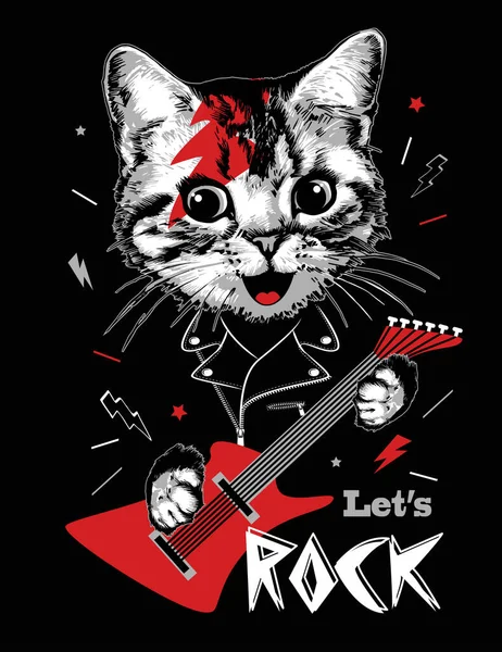 Kattkattporträtt Med Gitarr Slogan Låt Oss Rock Vektorillustration — Stock vektor