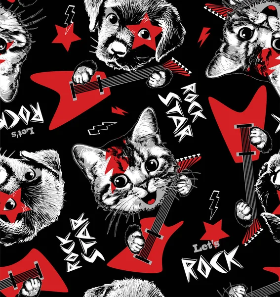 Cat Dog Play Rock Guitar Seamless Pattern Vector Illustration — Vector de stock