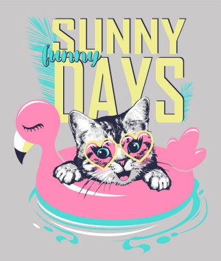 Happy cat kitten face in sunglasses floats on pink flamingo rubber ring. Vector illustration. Print for t shirt.