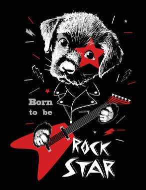 Puppy dog portrait with guitar. Slogan Born to be Rock Star. Vector illustration.