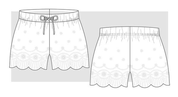 Summer Woven Shorts Lace Trimming Bottom Technical Sketch — Vector de stock