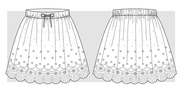 Summer Woven Skirt Lace Trimming Bottom Technical Sketch — Vector de stock
