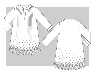 Woven dress with pinches on front and lace on border of bottom. Technical sketch.