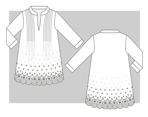 Woven Dress Pinches Front Lace Border Bottom Technical Sketch — Vector de stock