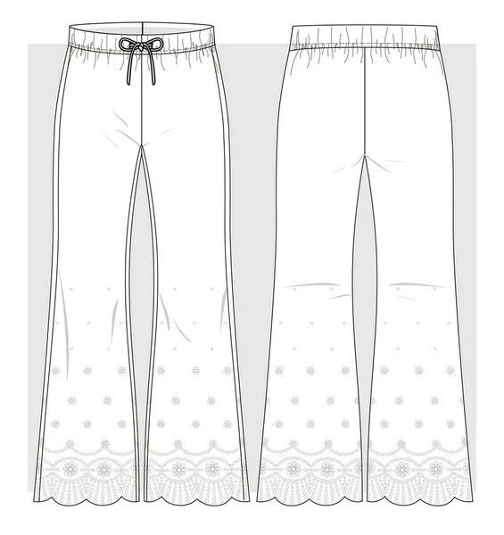 Flared Woven Pants Lace Bottom Technical Sketch Vector Illustration — Stockvektor