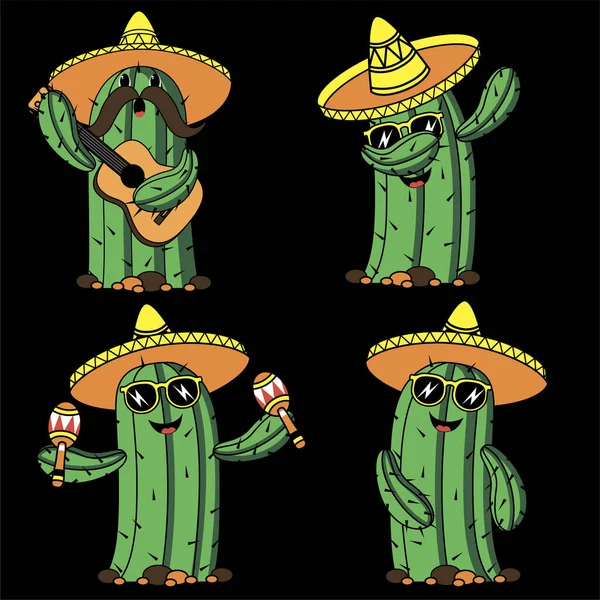 Kartun Lucu Kaktus Meksiko Sombrero Menari Dab Dan Bermain Gitar - Stok Vektor