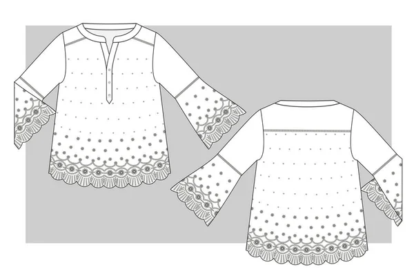 Chemisier Textile Avec Bordure Dentelle Manches Cloche Esquisse Technique — Image vectorielle