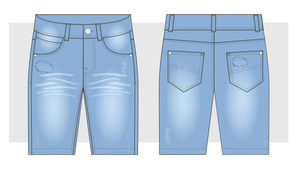 Blaue Jeans Bermuda Shorts Technische Zeichnung — Stockvektor