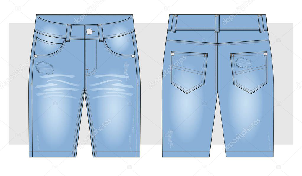 Blue denim Bermuda shorts. Technical sketch.