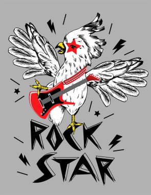 Moluccan papağanı gitar çalıyor. Tişört için baskı. Slogan Rock Yıldızı. Vektör illüstrasyonu.