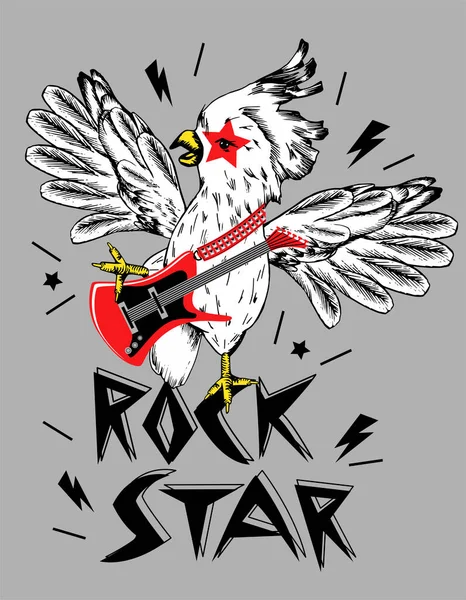 Loro Cacatúa Molucano Toca Guitarra Impresión Para Camiseta Eslogan Rock — Vector de stock