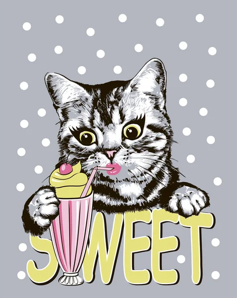 小猫喝牛奶鸡尾酒 甜甜的点 打印为T恤 矢量说明 — 图库矢量图片