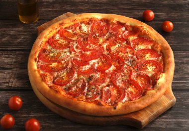Domatesli, peynirli ve baharatlı pizza margaritası.
