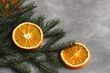 Portakal dilimlerinin gri beton arkaplanı ve kopyalama alanı olan ladin dallarının yerleşimi