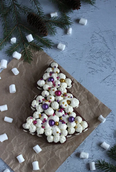 Festlig vacker kaka i form av en gran på en grå bakgrund med marshmallows och gran grenar — Stockfoto