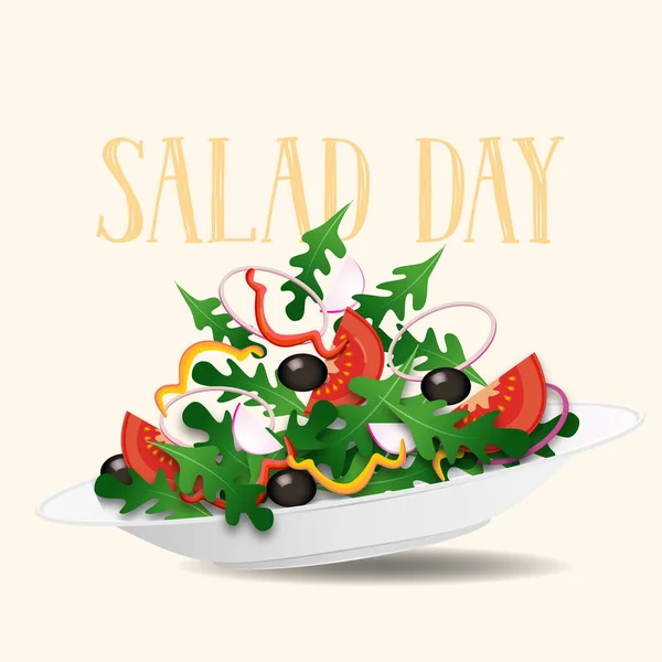 Plate Green Salad Tomato Black Olives Bell Pepper Healthy Food — Διανυσματικό Αρχείο