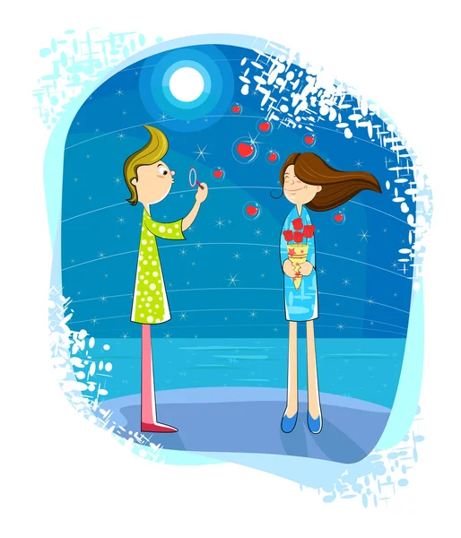 Love boy blowing bubble heart on girl — Stock Vector