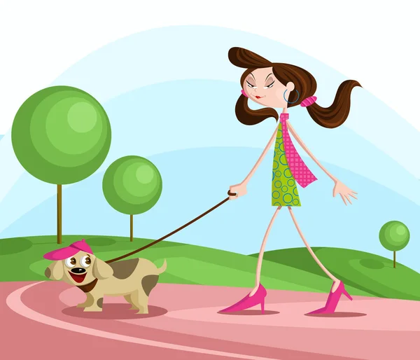 Chica caminando con perro — Archivo Imágenes Vectoriales