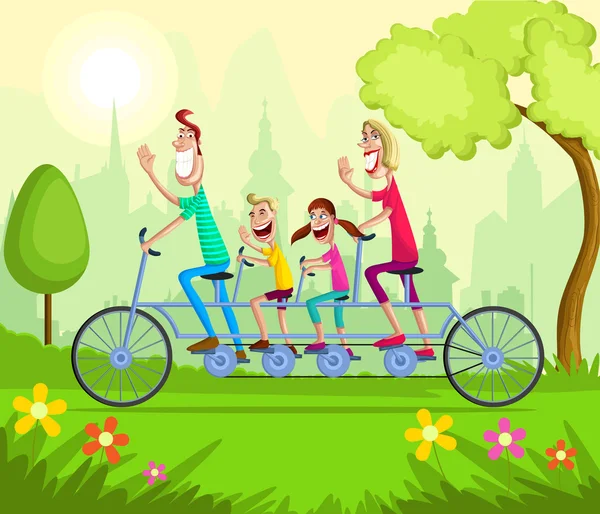 Happy family enjoying tandem bicycle ride — Stock Vector