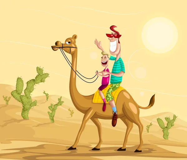 骑在骆驼上的幸福的家庭 — 图库矢量图片