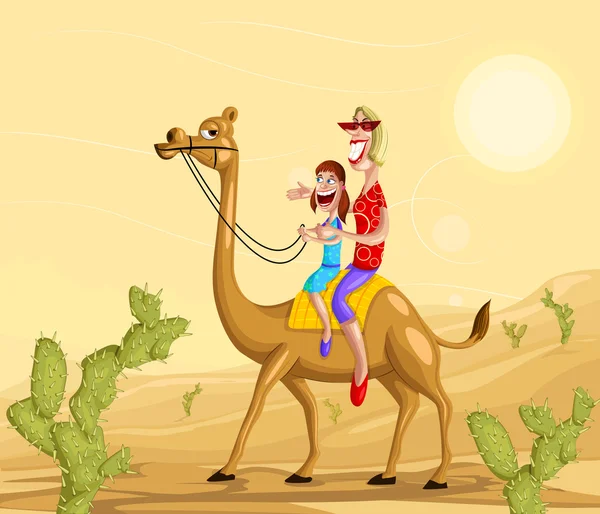 Bonne famille en promenade à dos de chameau — Image vectorielle