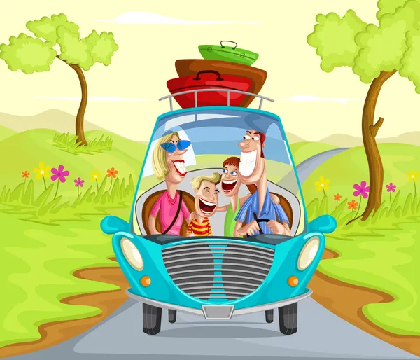 Счастливая семья путешествует на машине — стоковый вектор
