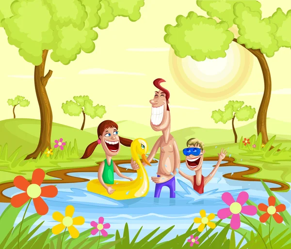 Familia feliz salpicando en la piscina — Vector de stock