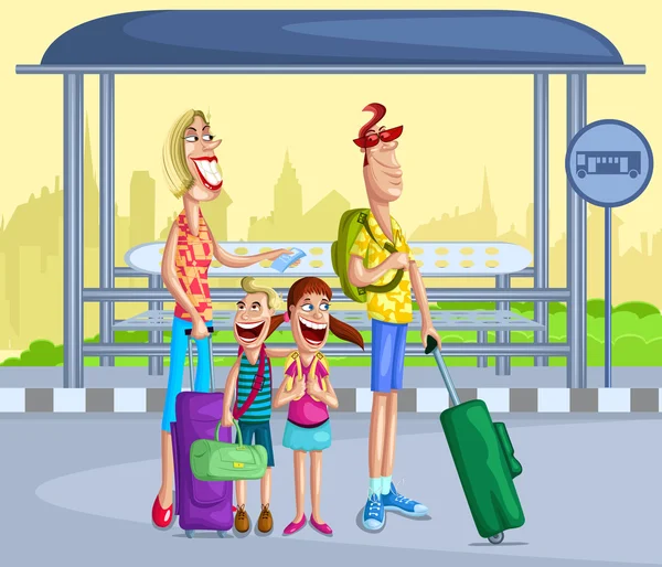 Happy family at bus stop — Stock Vector