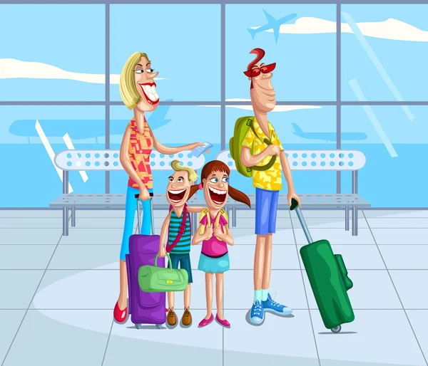 Familia feliz en el aeropuerto — Vector de stock
