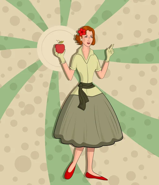 Señora retro con manzana — Vector de stock