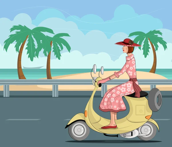 Retro lady riding scooter — Stock Vector