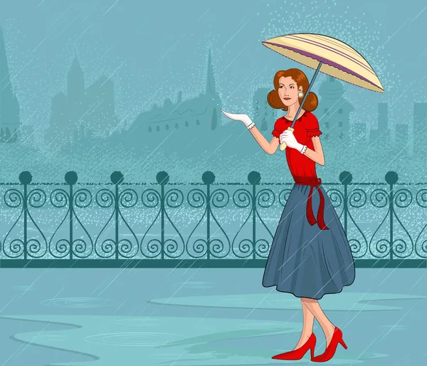 Retro Bayan şemsiye ile — Stok Vektör